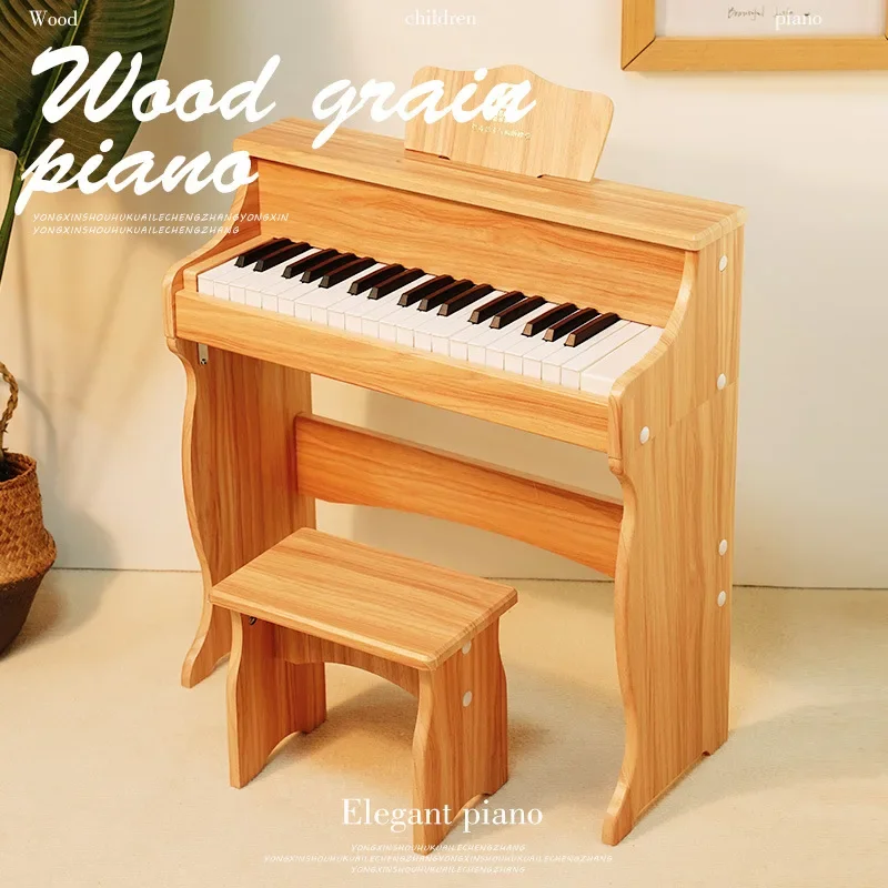 Nuevos niños preescolares 25 teclas instrumentos musicales electrónicos digitales juguetes de madera Piano de cola para bebé con asiento de taburete