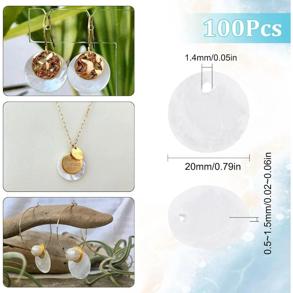 1 Box 100Pcs Shell Charms Seashell Charm 20mm Flat Round Natural Seashell Slices Capiz Shell Beads Coin Sea Ocean Summer Disc