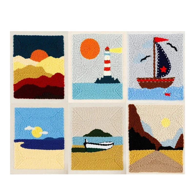 Square Scenic Soft Yarn Punch Needle Kit da ricamo per principianti bambini Easy Arts Crafts cucito faro ricamo Home Decor