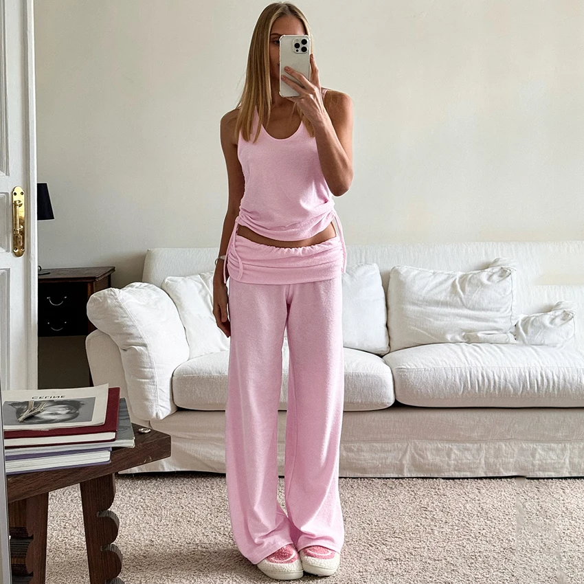 

HiLoc Повседневные розовые многослойные брюки для женщин Домашняя майка на шнурке с эластичной резинкой на талии Брюки из 2 предметов 2025 Сексуальная одежда