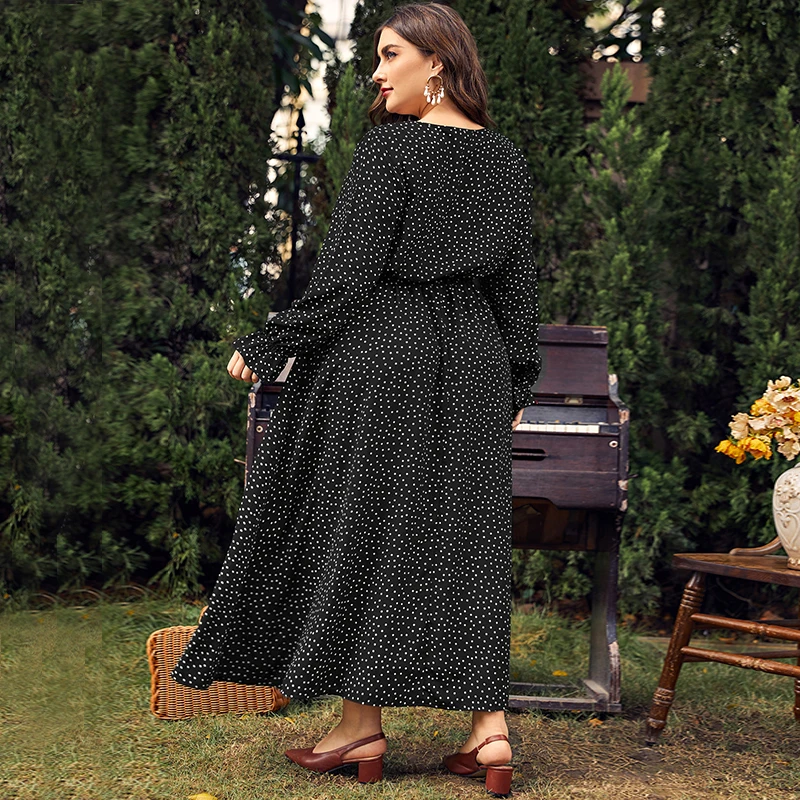 3XL 4XL Plus Size Women Clothing Elegant Long Sleeves Polka Point Female Maxi Dress Casual Travel Vacation Chiffon Dress