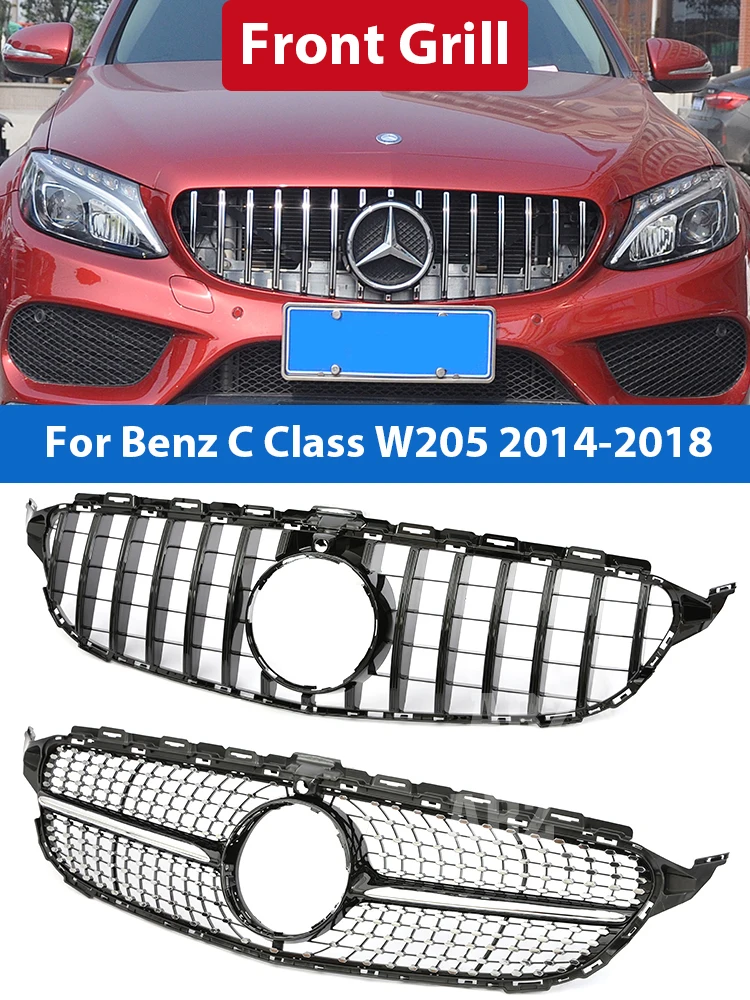 

Front Bumper Panamecicana GT Grille Silver Black Diamond AMG Style GT E63S Style Grill For Mercedes Benz C Class W205 2014-2018