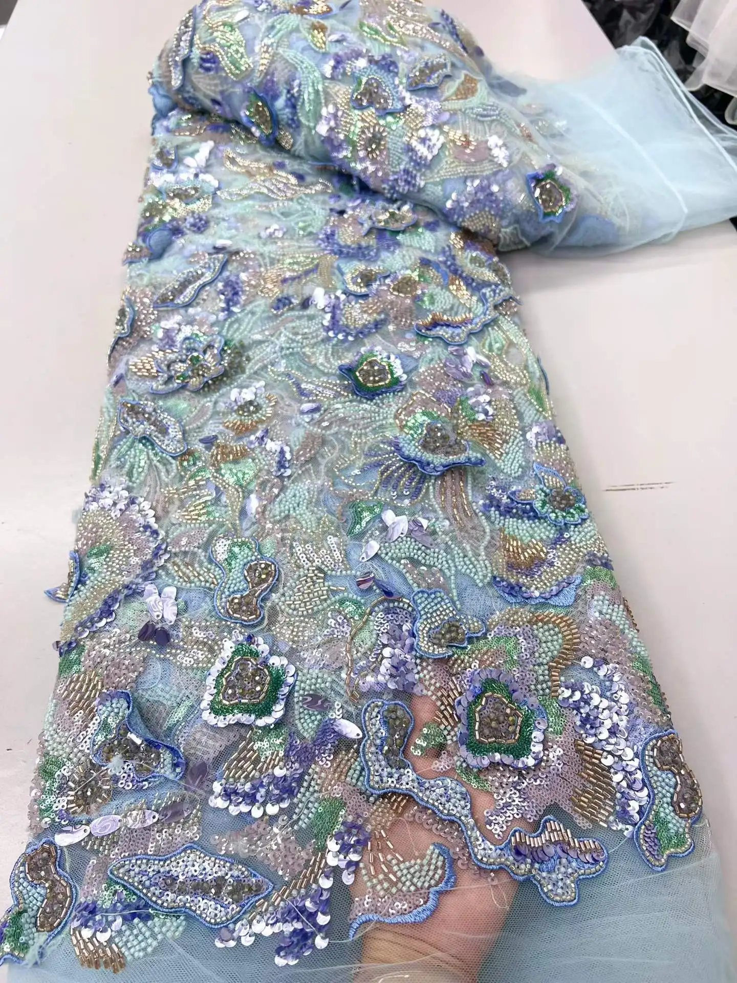 Luxury African Lace Fabric 2026 High Quality Sequins Beads Lace Fabrics For Nigerian Wedding French Tulle Lace Fabric