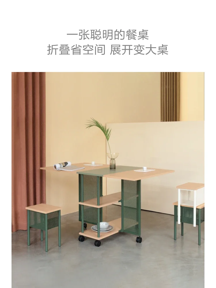 Capsule folding table with wheels for small household use, simple and movable telescopic dining table and chair storage