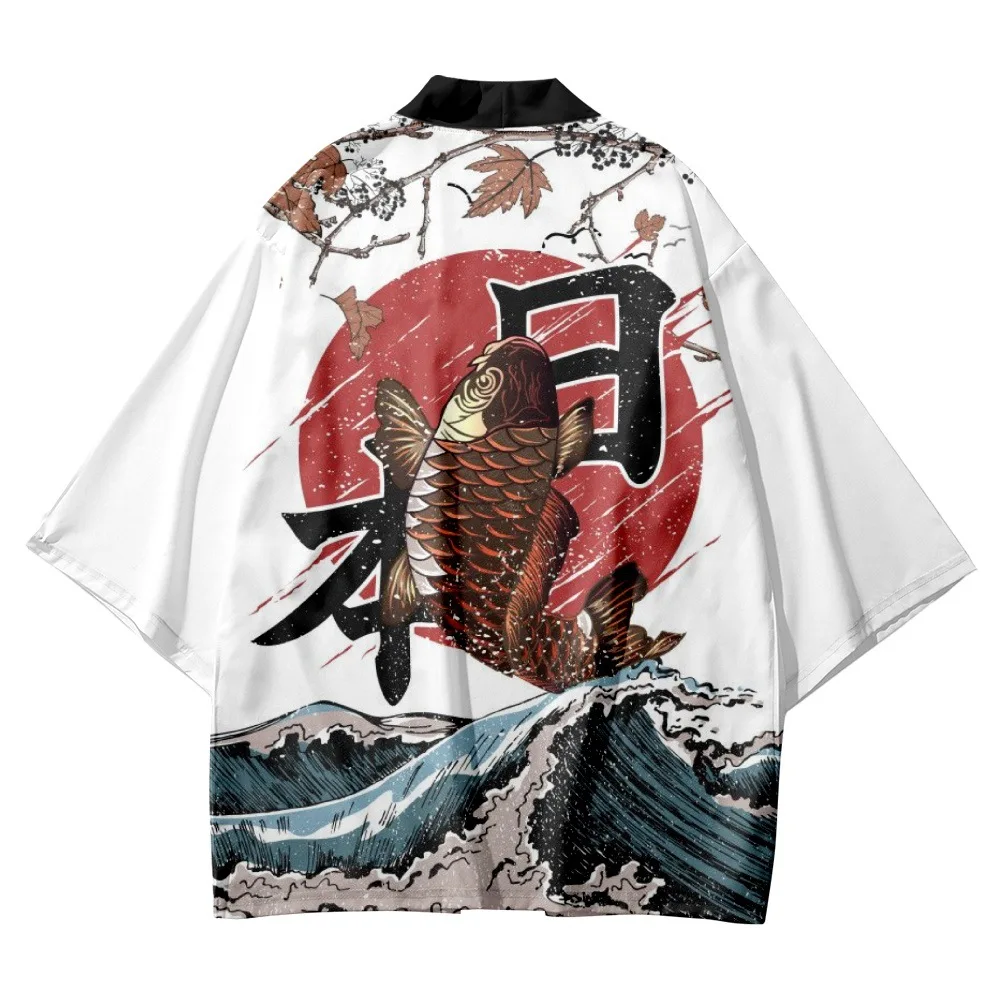 

Men Women Vintage Cosplay Fashion Streetwear White Waves Fish Print Traditional Kimono Cardigan Japanese Samurai Oversized Haori