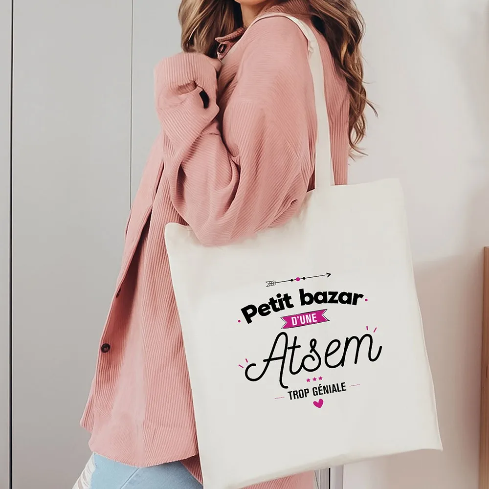 Atsem Print Personalized Women Shopping Bag Cotton Canvas Shoulder Shopper Tote Bags Travel Storage Tote Bag for Girls