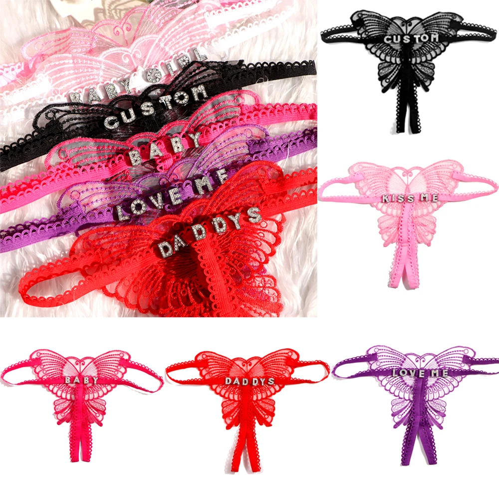 Sexy Custom Letters Lace Butterfly Transparent Women Panties Body Jewelry G-String Thongs Low Waist Underwear Female Lingerie