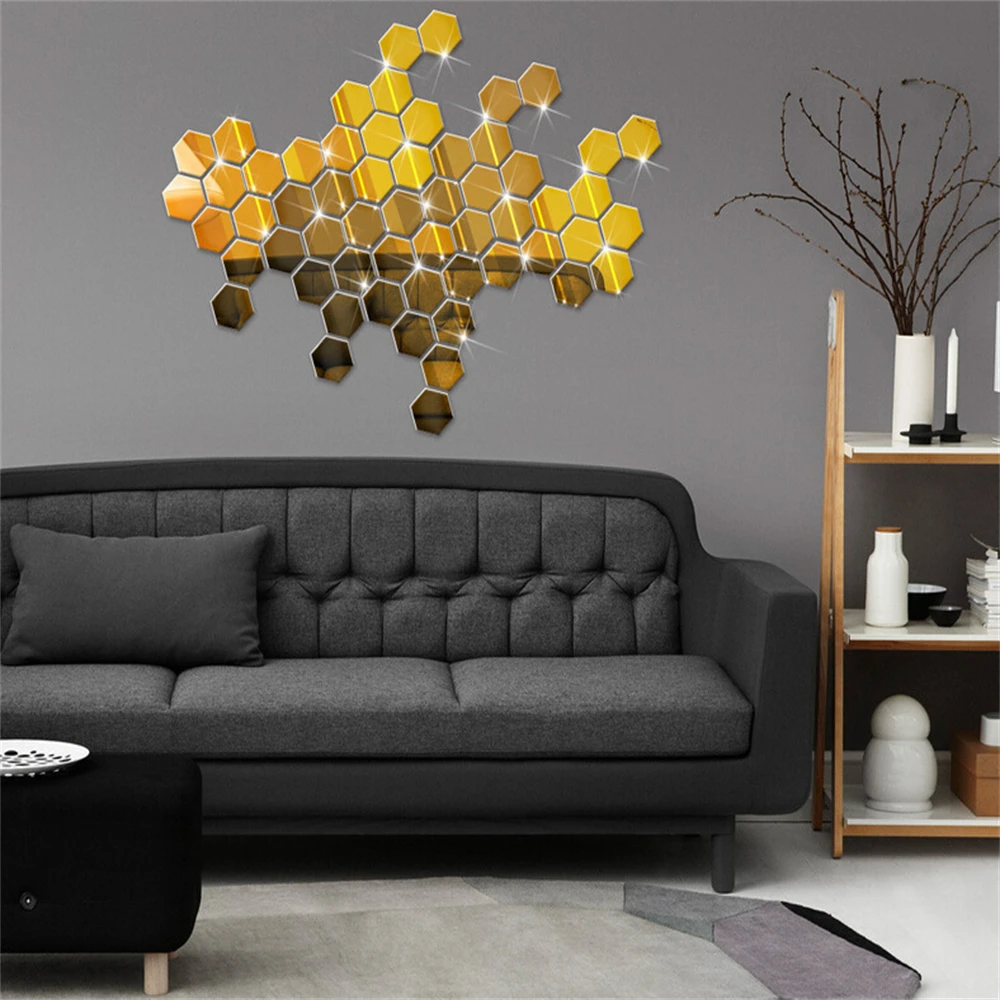 5PCS Hexagon Acrylic Mirror Wall Stickers Living Room Bedroom Wallpaper Self Adhesive Wall Stickers Wall Decals Diy Home Decor