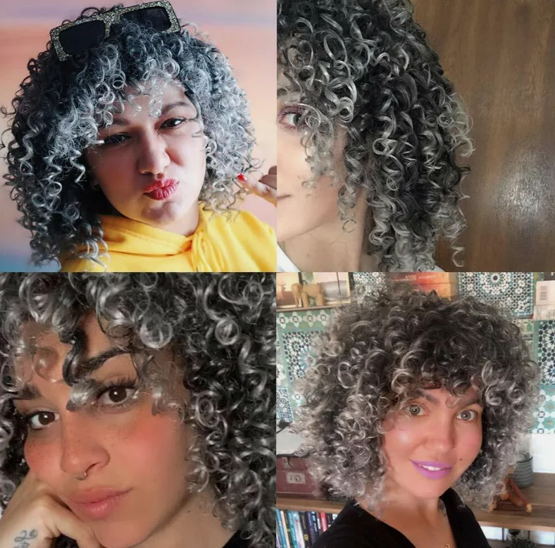 Afro corto rizado sintético medio completo Bob pelucas Ombre peluca de pelo gris peluca llena EE. UU.