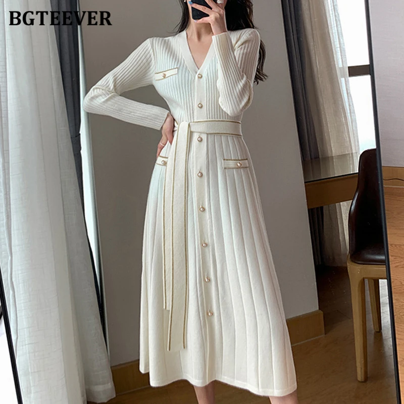 

BGTEEVER повседневное платье-свитер с v-образным вырезом и пуговицами, женское осеннее однобортное однобортное женское трикотажное платье трапециевидной формы на шнуровке с длинными рукавами
