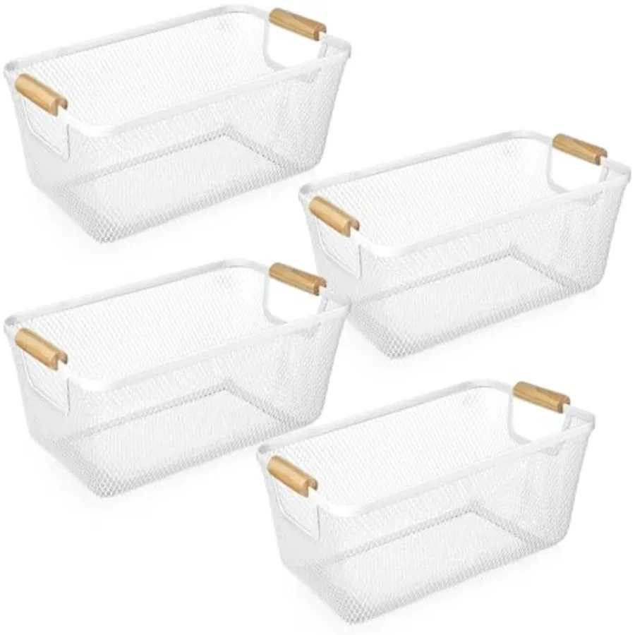 

4 Pcs Metal Wire Basket with Wooden Handles Mesh Steel Storage Organizer Bin Containers for Home Organizing Cabinet Pantry Clos