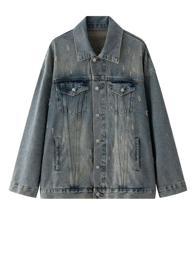 [EAM]  Blue Denim Casual Big Size Vintage Jacket New Lapel Long Sleeve Women Coat Fashion Tide Spring Autumn 2024 1DH7045