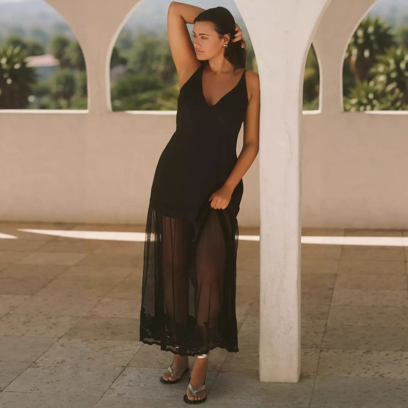 Pure Color V Neck Backless Sheer Sleeveless Dress Dresses Spring Summer Matching Set