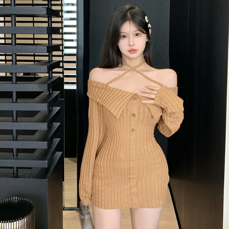 Women's Bodycon Dress Spring Autumn Retro Solid Colour Turndown Collar Off Shoulder Slim Sexy Knitted Long Sleeves Dress