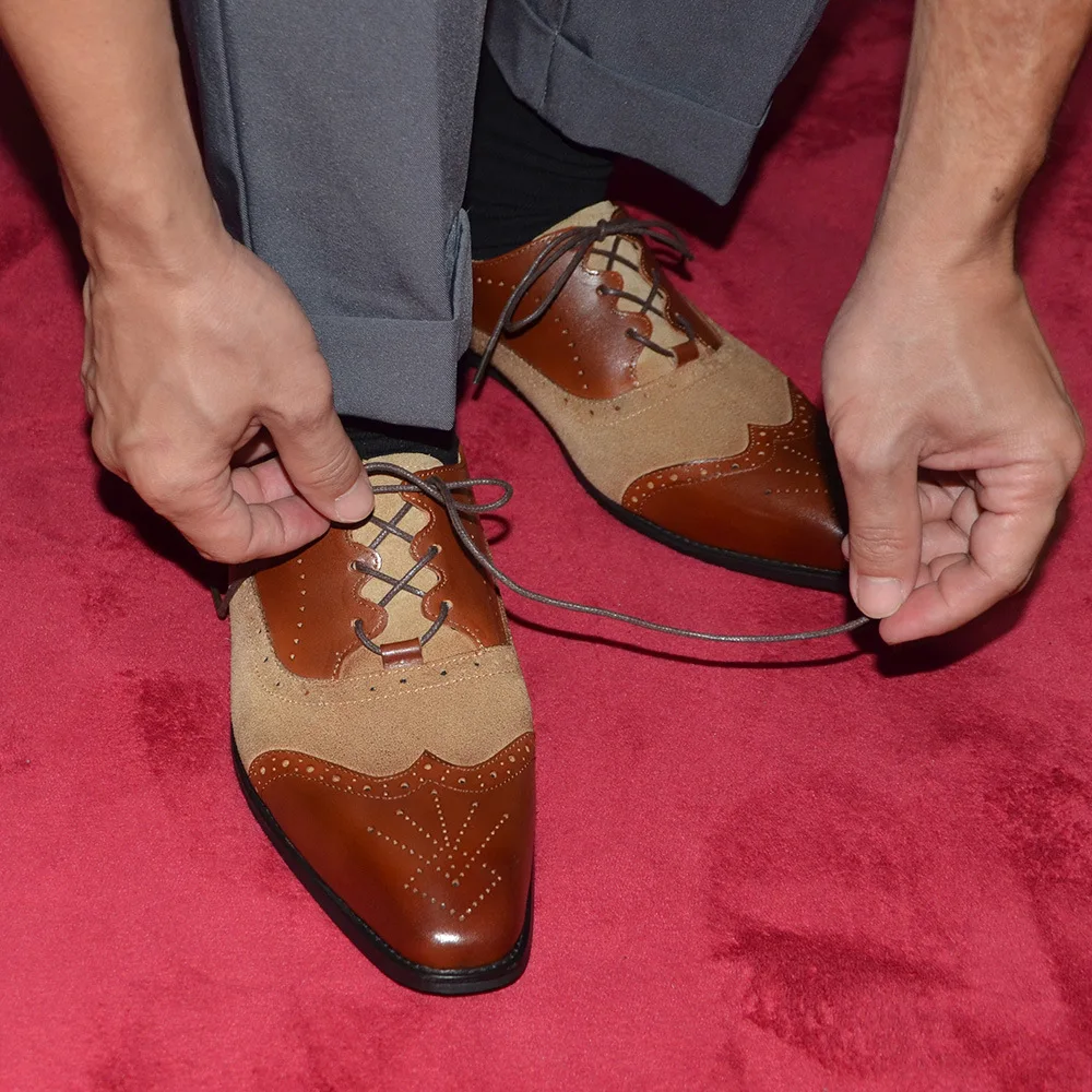 Retro Design Genuine leather Splicing Oxfords Mixed Color Carvings Male Brogue Shoes Wedding Business Dress Shoes for Men