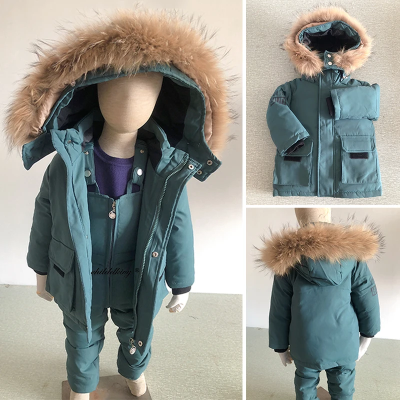 어린이 다운 슈트 겨울과 가을 따뜻한 소년 자켓 천연 모피 칼라 아기 소녀 Snowsuit 코트 키즈 파카 아웃웨어 1-5 년