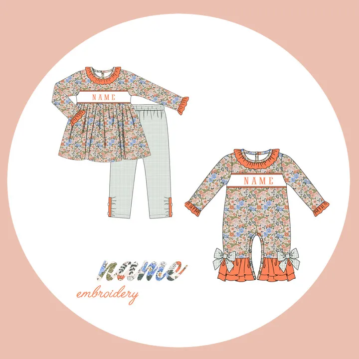 

Ropa Girl And Baby Boy New Cotton Customizable Name Styles Presale Models Orange Floral Romper Sets Lattice Pants With Bow