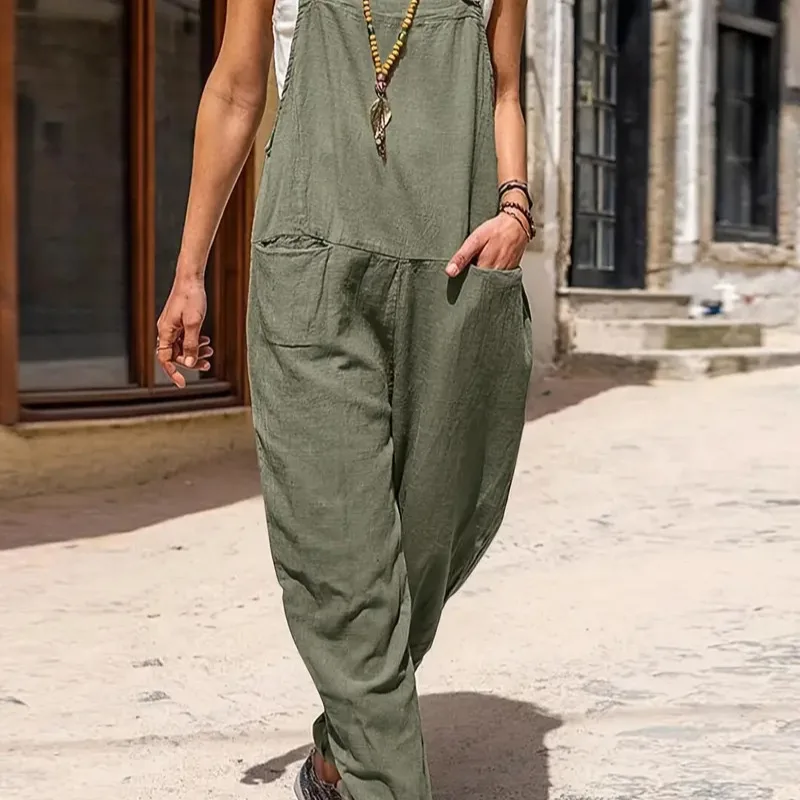 Jumpsuit wanita katun warna Solid tanpa lengan pinggang tinggi kancing longgar jumpsuit bernapas nyaman Fashion Musim Panas 2024