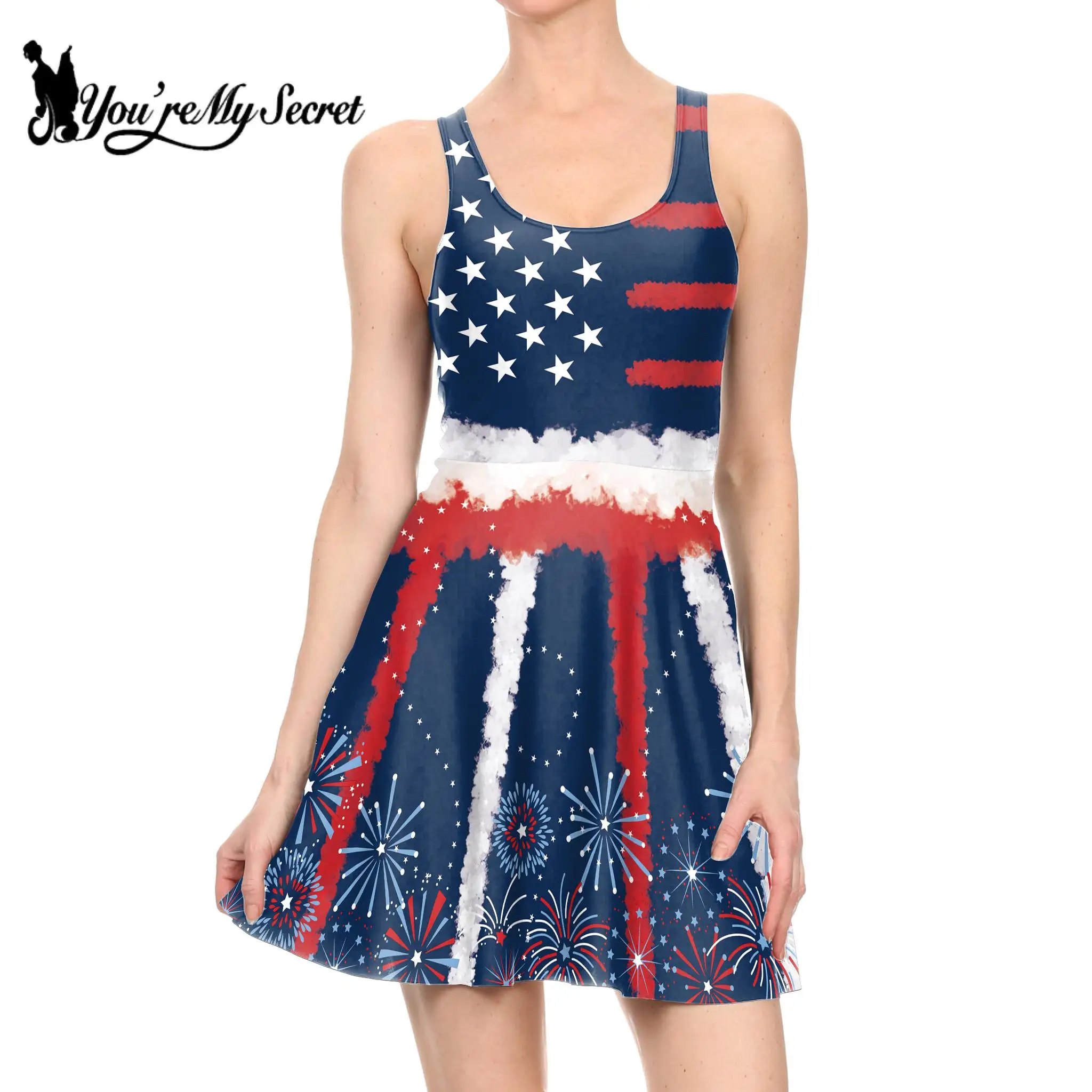 

[You're My Secret] Women Dress Tops Tank Dress Independence Day Flag 3D Print Streetwear Sleeveless Sexy Mini Dress Summer