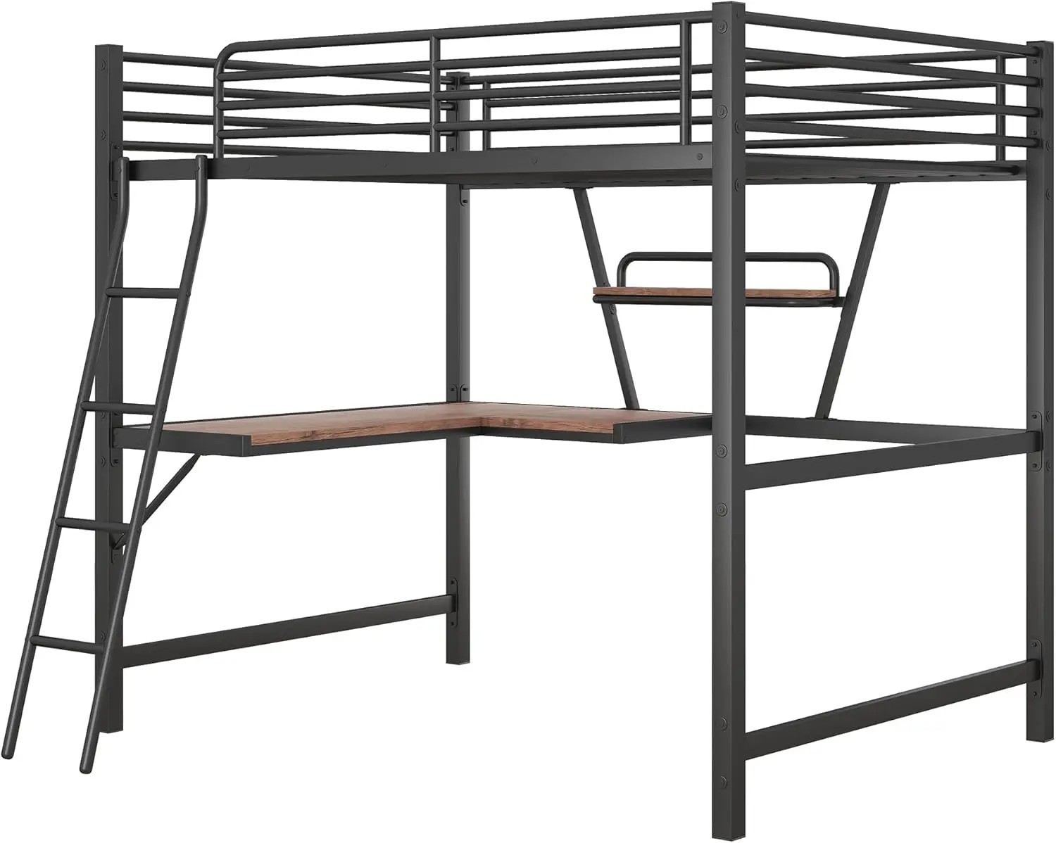 Marco de cama de Metal de tamaño completo para Loft, cama de Loft con escritorio en forma de L, cama de Loft con escalera y estante para niños, negro