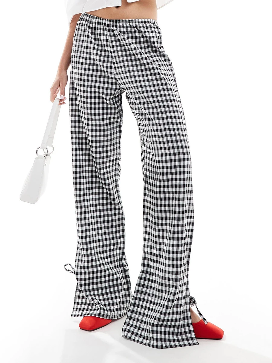 Korean Fashion Gingham Wide Leg Pant Women Slit Tie-up Loose Flare Pants Plaid Y2k Vintage Perppy High Waist Trousers