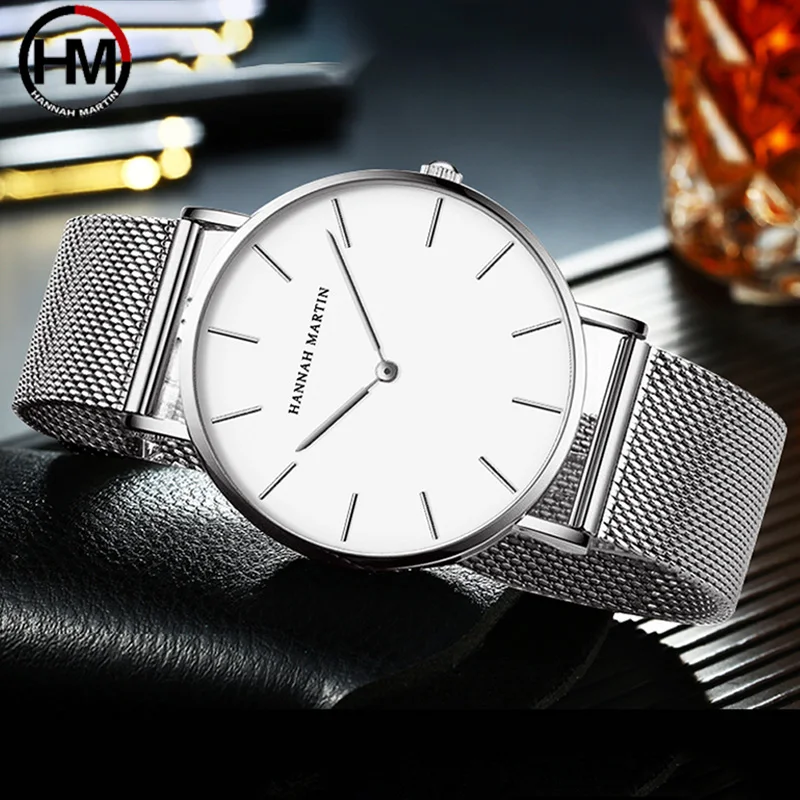 Hannah Martin Japan Quartz Movement Watch High Quality 40mm Men Stainless Steel Mesh Strap Waterproof Ultra-thin Male Wristwatch