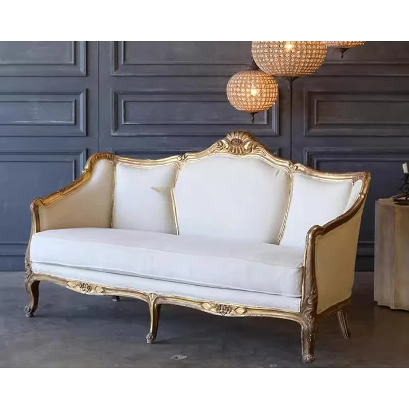 French retro solid wood carving flower fabric sofa American solid wood double triple sofa European neoclassical living room sofa