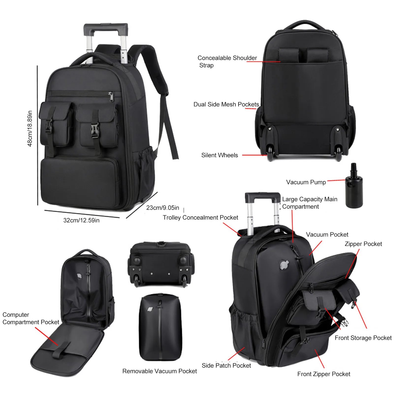 Rolling Duffle Bag With Wheels Multifunctional Adjustable Shoulder Strap Water Proof Travel Vacuum Backpack for Business Trip