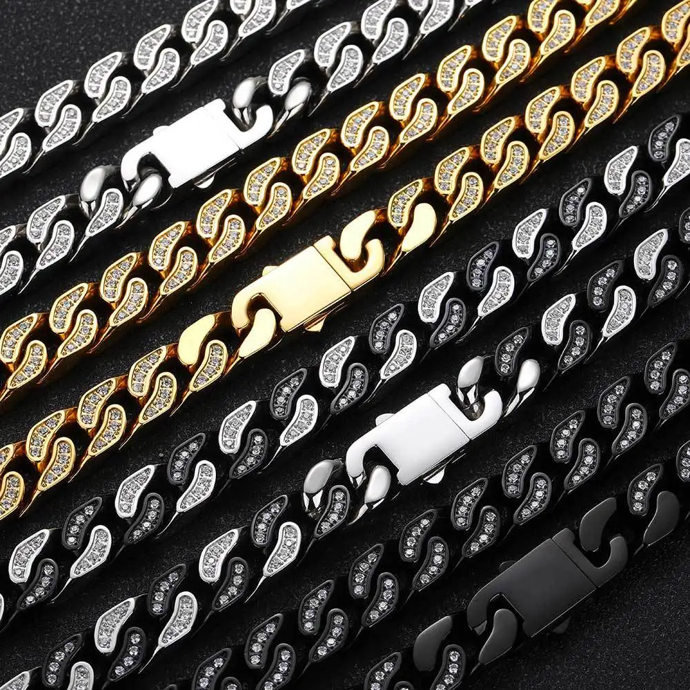 

Hiphop 12mm Iced Out Zircon Stainless Steel Cuban Necklace Four Side Pave Cubic Zirconia Miami Link Chain Necklace Party Gift