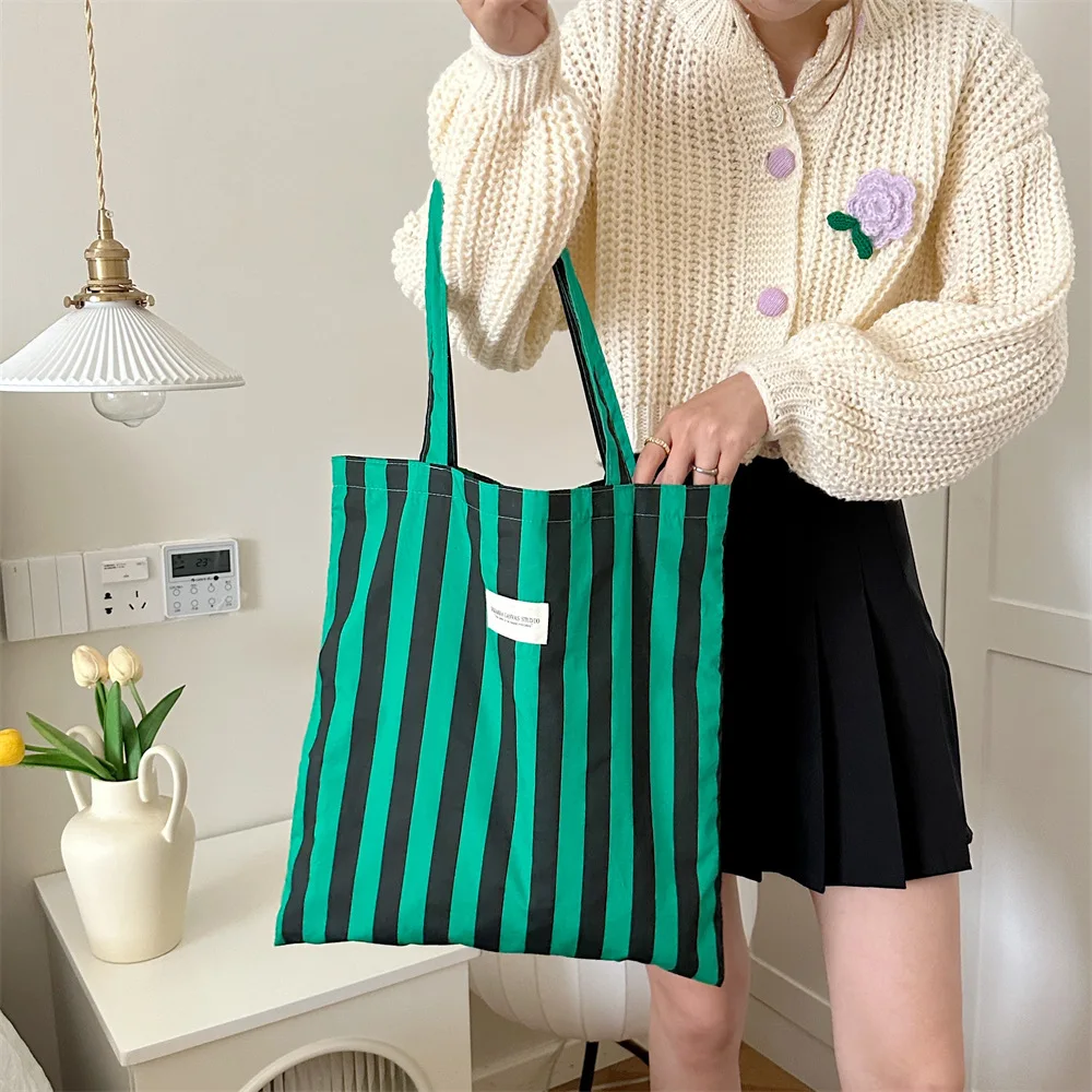 Vintage Stripe Women\'s Canvas Shoulder Bag Large Capacity Female Daily Shopping Bags Casual Portable Ladies Travel Tote Handbags