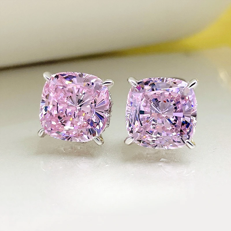 5 Carat Cherry Blossom Pink Diamond S925 Silver Earrings Imported High Carbon Diamond Fat Square Earrings Engagement Jewelry