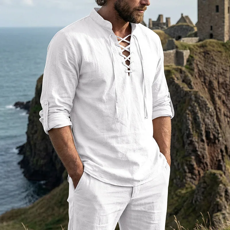 2026 Herren Vintage Mittelalterliches Leinenhemd mit Schnürung, Langarm, Henley-Ausschnitt, Locker Geschnitten, Piraten-Cosplay, Strand, Freizeit, Urlaub, Alltagshemd – Detail 24