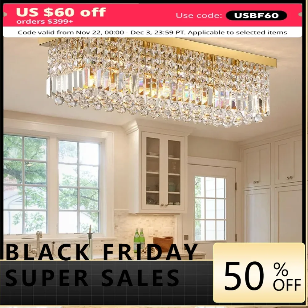 Modern Crystal Chandelier 6-Lights Rectangle Flush Mount Pendant Ceiling Light Fixture Luxury Gold Rectangular Crystal Raindrop