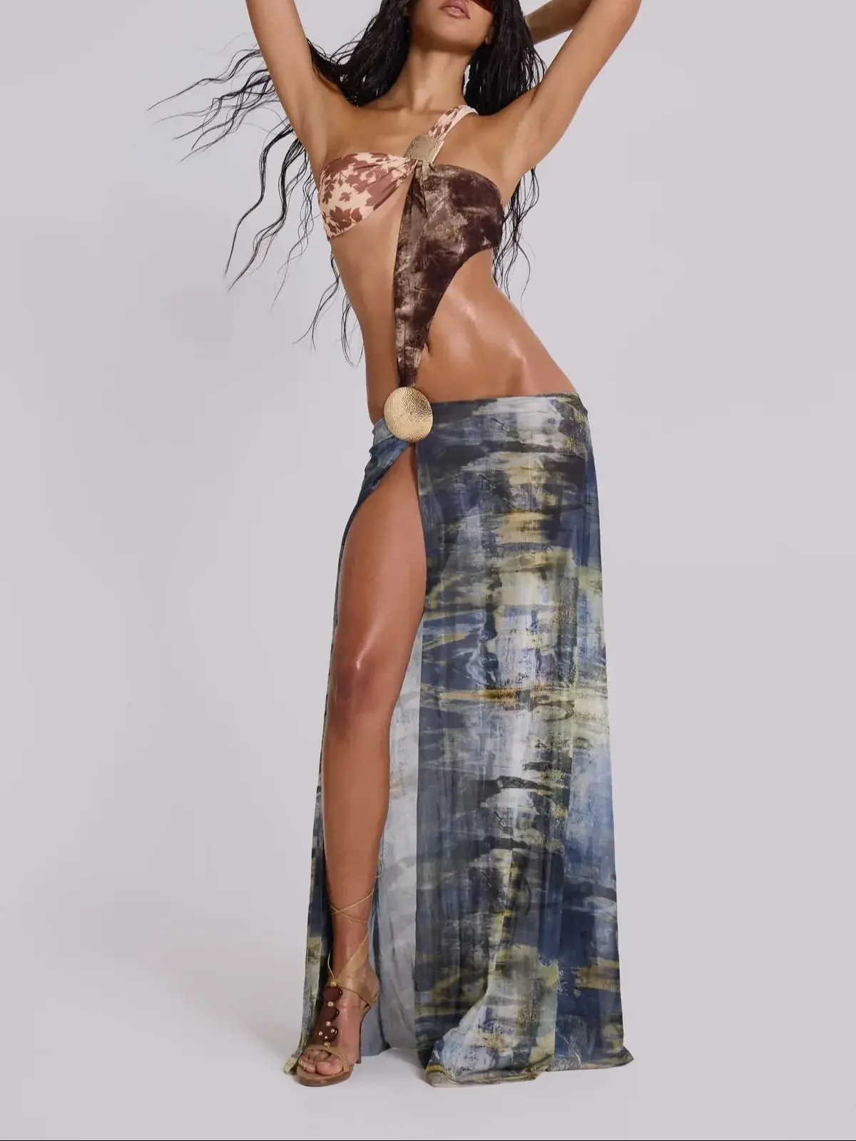 Malha vestido longo feminino verão festa cortar vestidos ruched impressão cobrir maxi vestidos férias praia robe