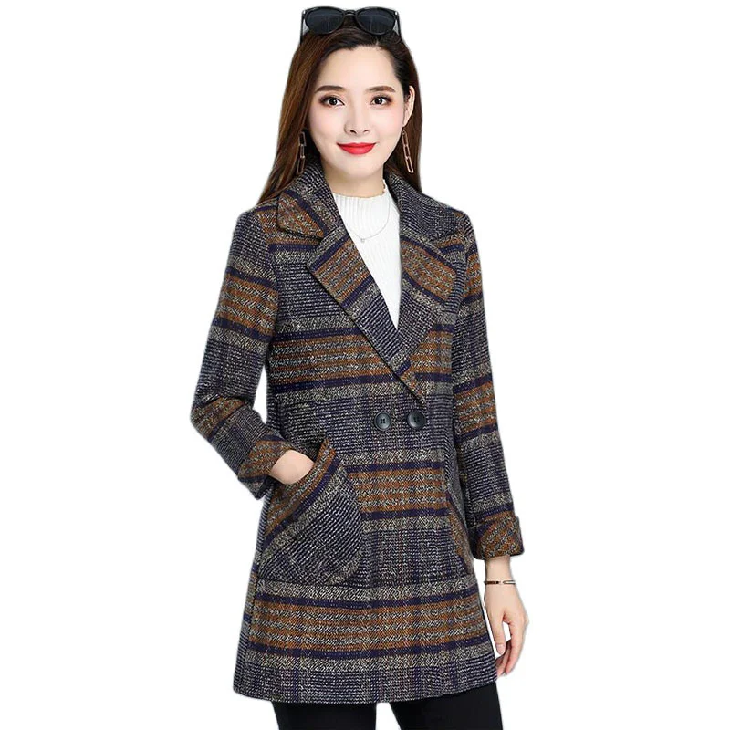 

Autumn Winter Nice Middle-aged Woolen Coat Female Lattice Tops Women's Coat Loose Casual Thicken Wool Jackets Outerwear Ladies