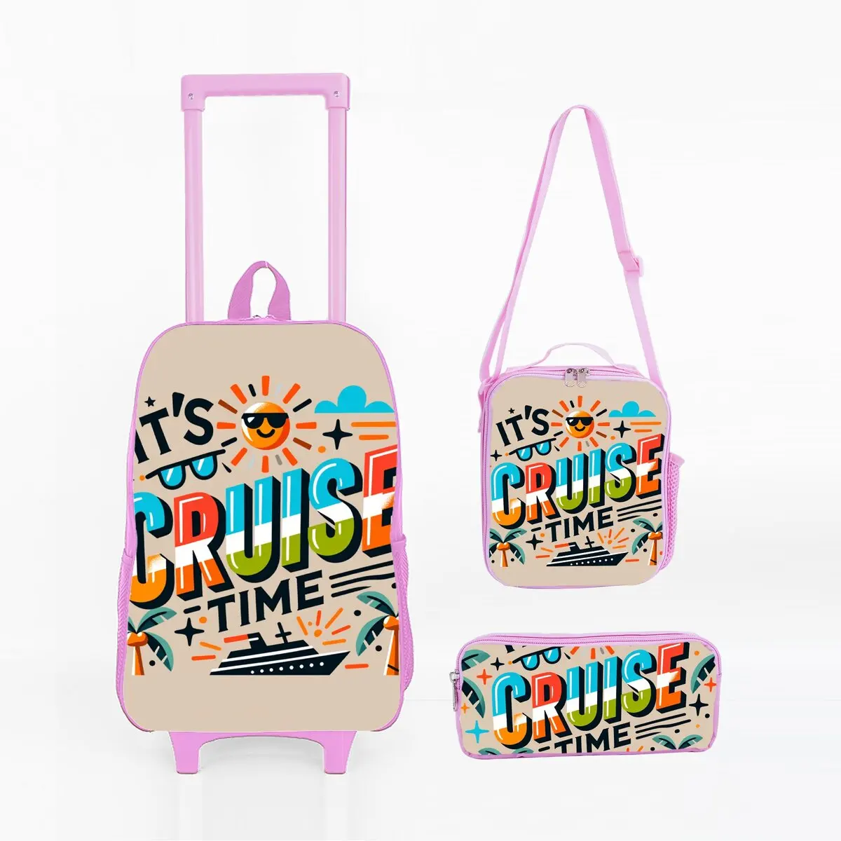 

Vacation Cruise Children's Wheeled Rolling Bag Set with Lunch Box Pen Bag with Wheels School Trolley Backpack Bag for Girl/Boys