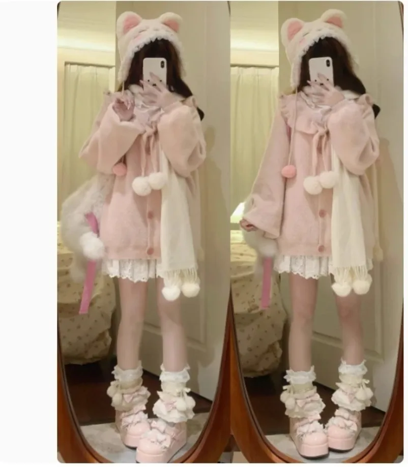 Japońskie dziewczęce słodkie słodkie miękkie woskowane sweter z dzianiny sweter damski imitacja dzianiny z norek płaszcz jesienno-zimowy szalik kaszmirowy