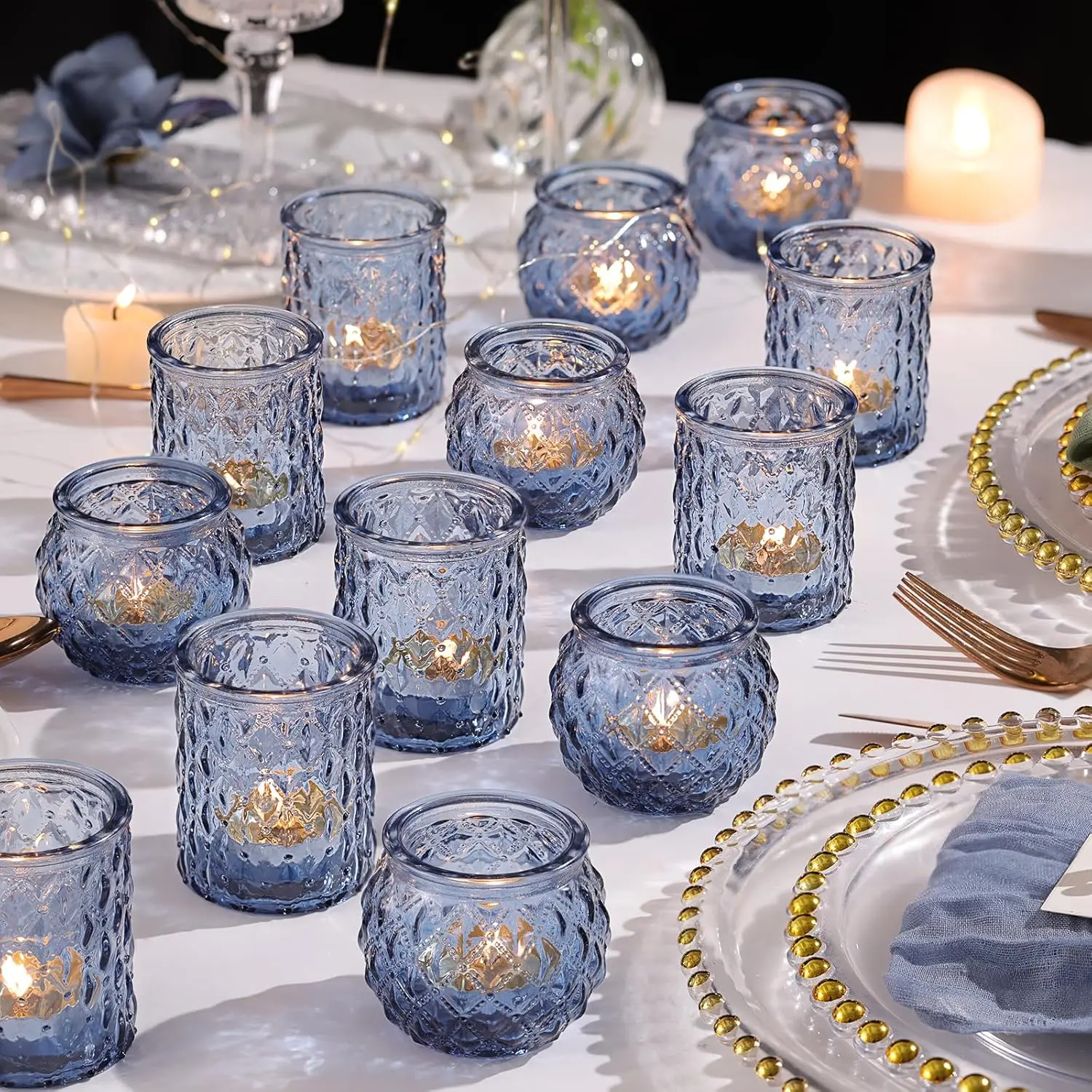 

36 Assorted Blue Votive Candle Holders for Wedding Table Decor, Tea Light Centerpiece, Bridal Shower