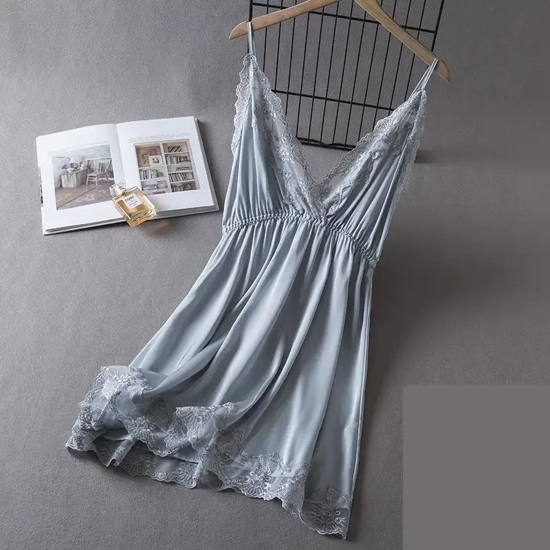 Summer Women Lace Sleepwear Nightgown Sexy Strap Nightdress Gown Lingerie Female Silky Satin Nightwear Home Dress Loungewear