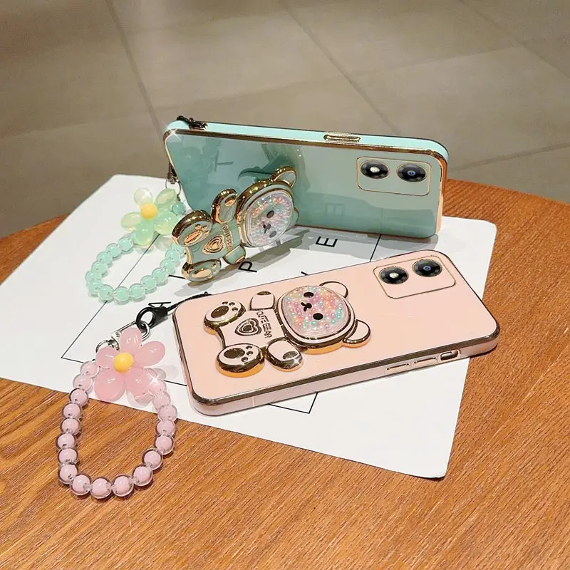 E 7 E 13 Cute Bear Flower Strap Lanyard Phone Holder Case On For Motorola Moto E6S E7 Plus Pwer 2021 E13 E20 E22 E32 Stand Cover