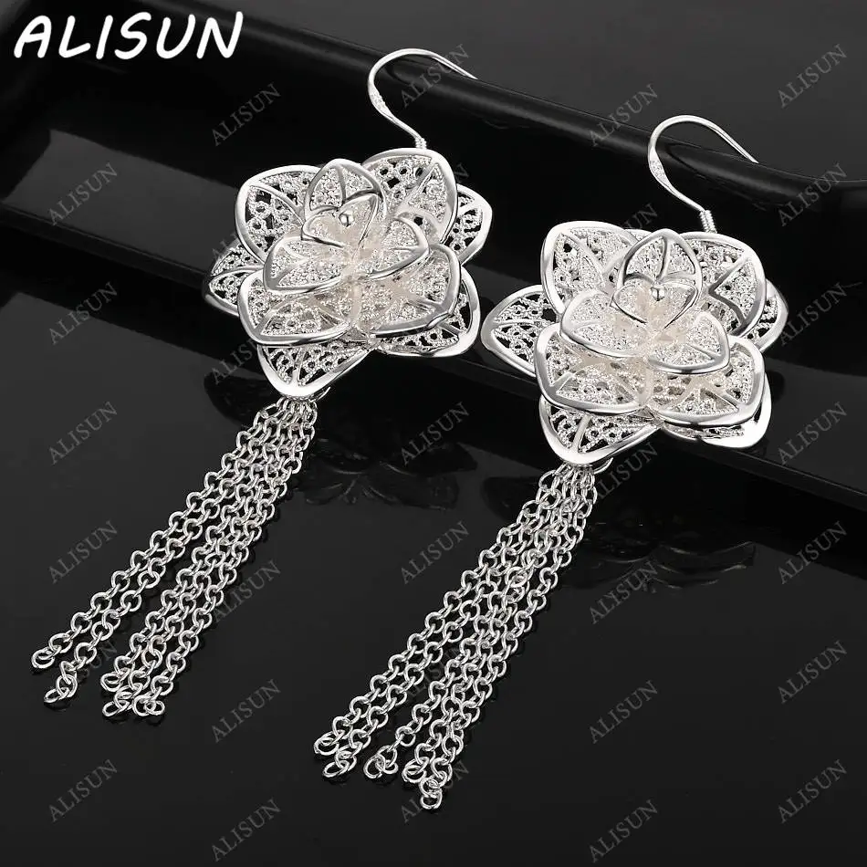 

ALISUN 925 Sterling Silver Flower Tassel Earrings Drop Earrings For Women Fashion Jewelry Charm Grace Noble Wedding Accessories
