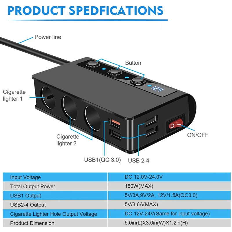 12V-24V 180W Cigarette Lighter Dispenser Fast Charging Qc3.0 4 Port Usb Car Charging Socket Car Electrical Appliances