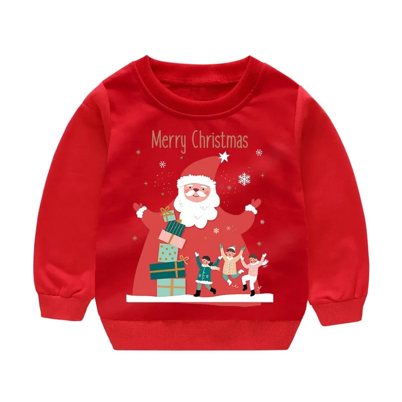 Baby Girl Winter Warm Clothes 2-6T Toddler Girl Red Christmas Party Costume Kids Santa Claus Printed Hoodies Boys Sweatshirts