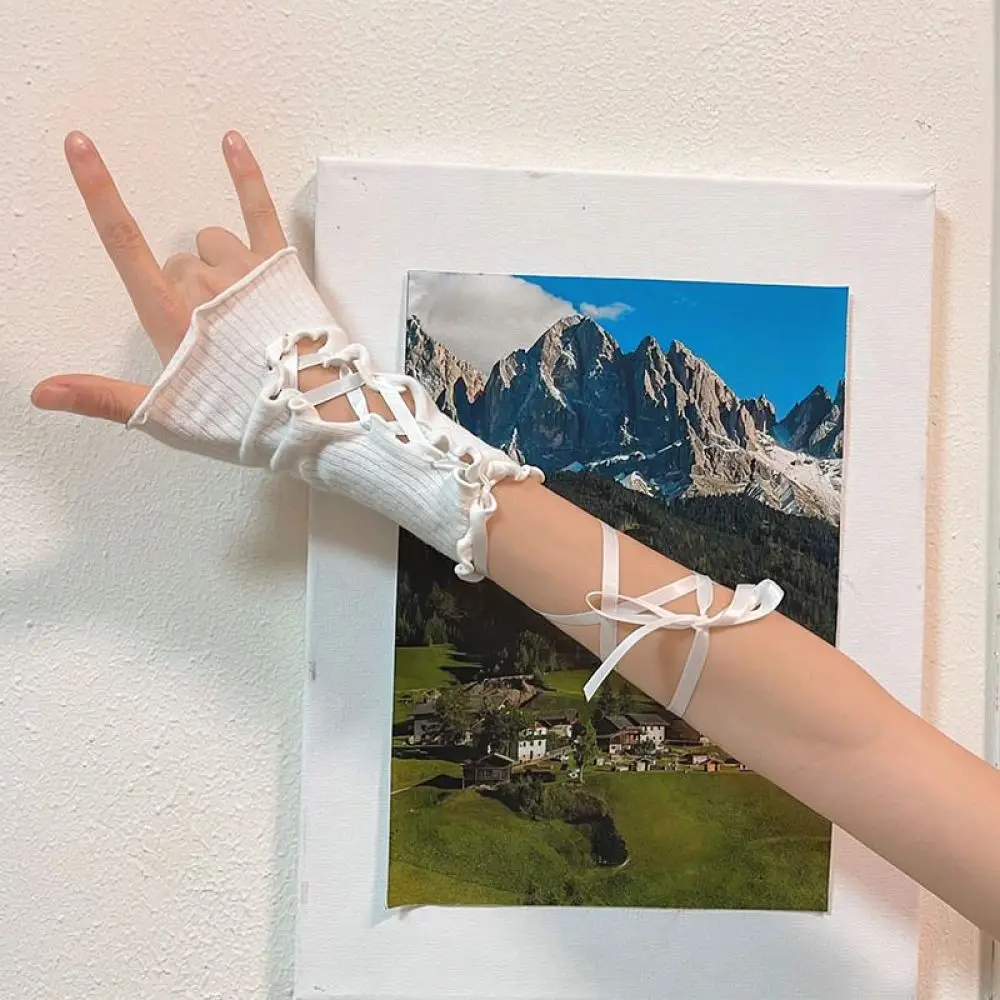 Women Black Lace Long Gloves Fingerless Sleeve Style Y2K Fashion Streetwear Sexy Arm Warmers For Wedding Dance