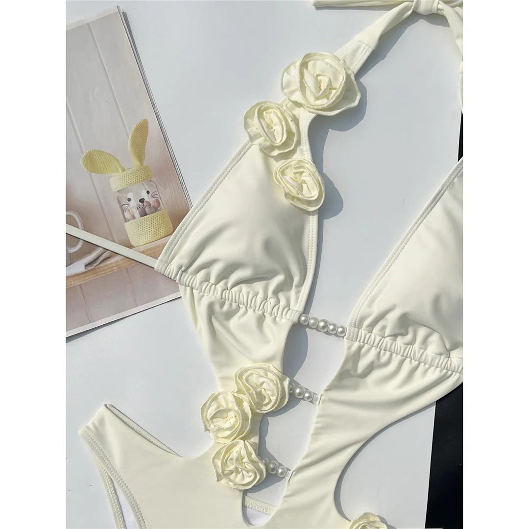 Rosa-rote Badeanzug-Bademode mit 3D-Blumenmuster, tiefem V-Ausschnitt, einteiliger Badeanzug für Damen, hoch geschnittene Beine, Monokini V6986P – Detail 8
