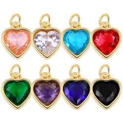 Juya 8 Pcs/Lot 18K Real Gold Plated Colorful Crystals Love Heart Birthstone Charms For DIY Women Fashion Birthday Jewelry Making