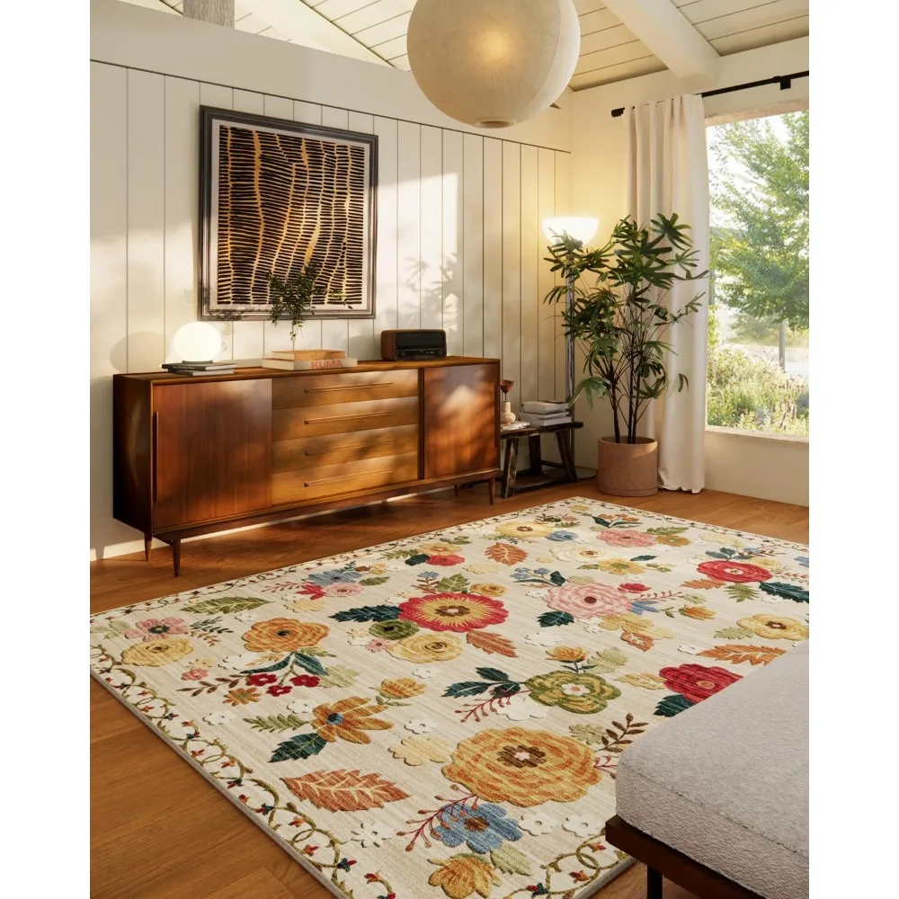 

5x7 Floral Vintage Area Rug for Bedroom and Living Room: Stain Resistant, Non-Slip, Low Pile Faux Wool