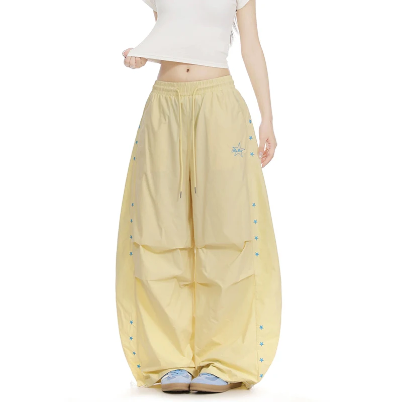 YIBASHU Yellow Baggy Parachute Pants Y2k Vintage Sweatpants Cargo Pants Harajuku Japanese 2000s Style Trousers Clothes Summer