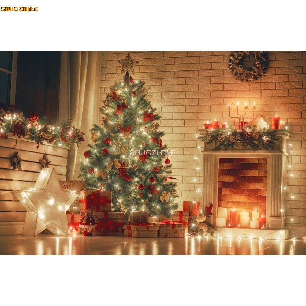 Merry Christmas Backdrop Xmas Tree Fireplace Gift Window Family Baby Portrait Party Photography Background Decor Photo Studio