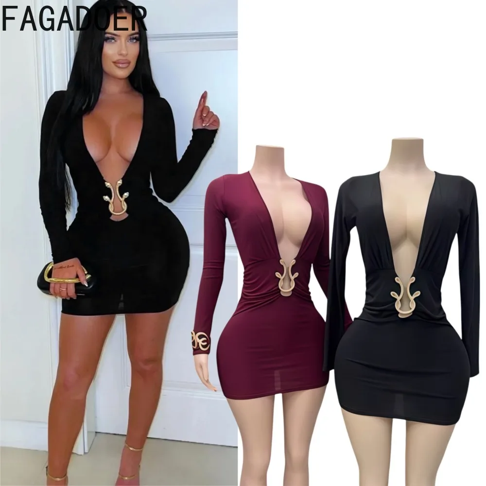 

FAGADOER Sexy Solid Color Bodycon Dresses for Woman Snake Patchwork Deep V-neck Long Sleeves Dress Female Streetwear Vestidos